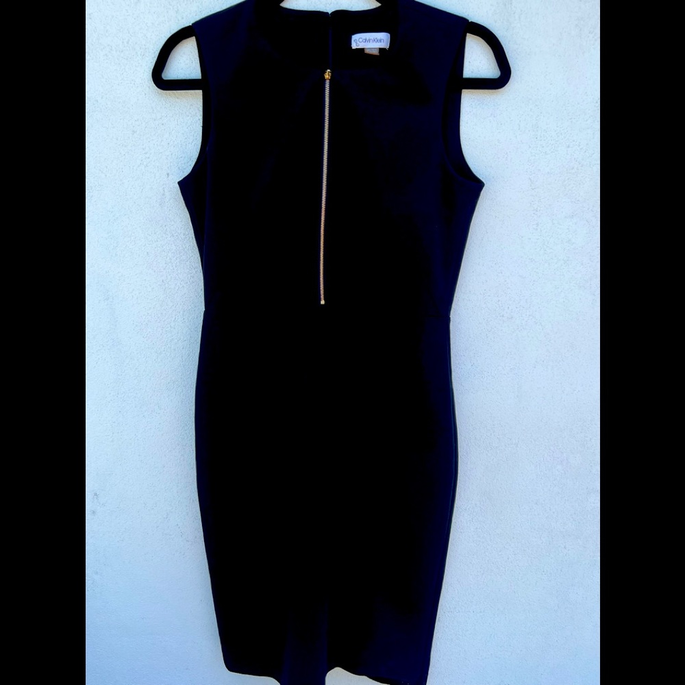 Calvin Klein black dress with pretty gold chest zipper detail. Size 8p.